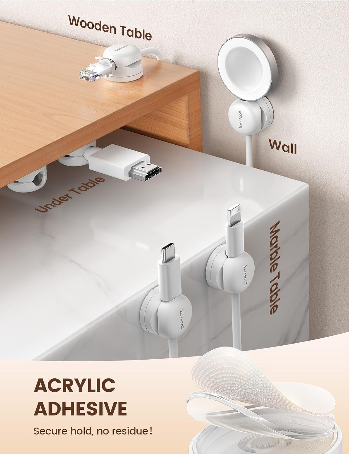 [360° Rotatable] Spring Cable Holder Clips - 6 Pack Cord Management, [1S Lock] Wire Holder Organiser, No-Residue Desk Tidy, Phone Charging Cable Keeper for Car, Office, Home - White(8Mm) | [Upgraded 360° Rotatable] Spring Cable Clips [1S Clamps] Cable Clamps Desk for HDMI, Cable Organiser for Table/Car/Wall