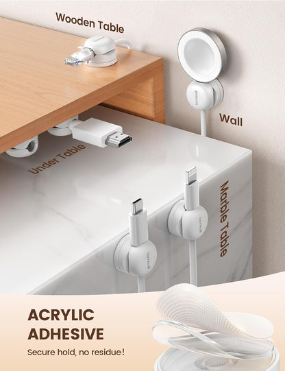 [360° Rotatable] Spring Cable Holder Clips - 6 Pack Cord Management, [1S Lock] Wire Holder Organiser, No-Residue Desk Tidy, Phone Charging Cable Keeper for Car, Office, Home - White(8Mm) | [Upgraded 360° Rotatable] Spring Cable Clips [1S Clamps] Cable Clamps Desk for HDMI, Cable Organiser for Table/Car/Wall