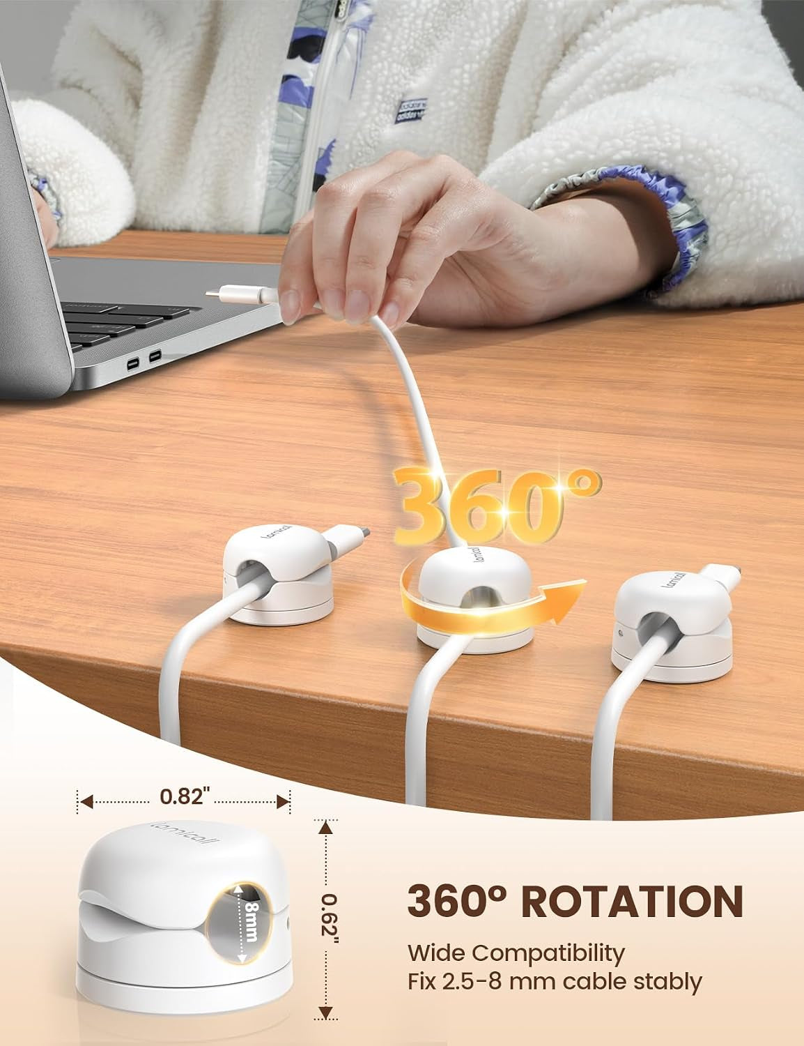 [360° Rotatable] Spring Cable Holder Clips - 6 Pack Cord Management, [1S Lock] Wire Holder Organiser, No-Residue Desk Tidy, Phone Charging Cable Keeper for Car, Office, Home - White(8Mm) | [Upgraded 360° Rotatable] Spring Cable Clips [1S Clamps] Cable Clamps Desk for HDMI, Cable Organiser for Table/Car/Wall