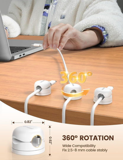 [360° Rotatable] Spring Cable Holder Clips - 6 Pack Cord Management, [1S Lock] Wire Holder Organiser, No-Residue Desk Tidy, Phone Charging Cable Keeper for Car, Office, Home - White(8Mm) | [Upgraded 360° Rotatable] Spring Cable Clips [1S Clamps] Cable Clamps Desk for HDMI, Cable Organiser for Table/Car/Wall