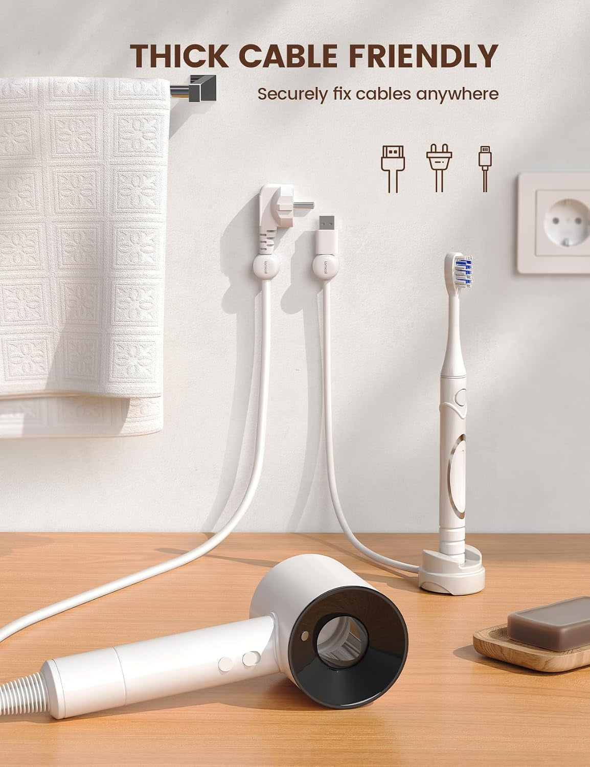 [360° Rotatable] Spring Cable Holder Clips - 6 Pack Cord Management, [1S Lock] Wire Holder Organiser, No-Residue Desk Tidy, Phone Charging Cable Keeper for Car, Office, Home - White(8Mm) | [Upgraded 360° Rotatable] Spring Cable Clips [1S Clamps] Cable Clamps Desk for HDMI, Cable Organiser for Table/Car/Wall