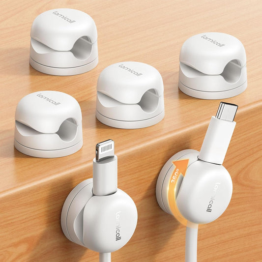 [360° Rotatable] Spring Cable Holder Clips - 6 Pack Cord Management, [1S Lock] Wire Holder Organiser, No-Residue Desk Tidy, Phone Charging Cable Keeper for Car, Office, Home - White(8Mm) | [Upgraded 360° Rotatable] Spring Cable Clips [1S Clamps] Cable Clamps Desk for HDMI, Cable Organiser for Table/Car/Wall